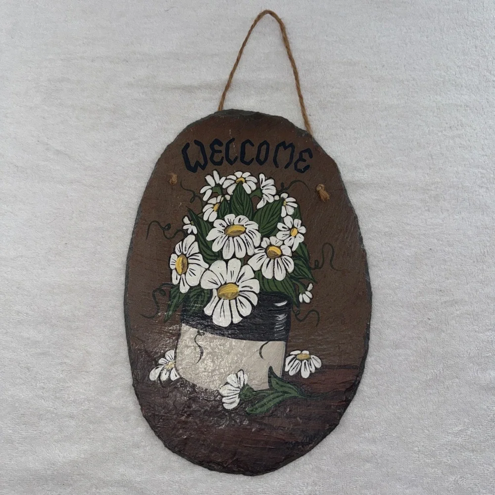 Vintage Stone Slate Welcome Hand Painted Floral Pot Painting 12